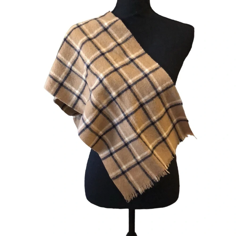 SHETLAND LONG WOOL PLAID SCARF WITH FRINGE TAN BLACK WHITE UNISEX